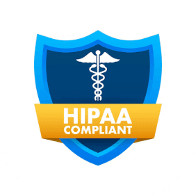 HIPAA Compliant badge featuring a blue shield with a medical caduceus symbol and yellow banner.