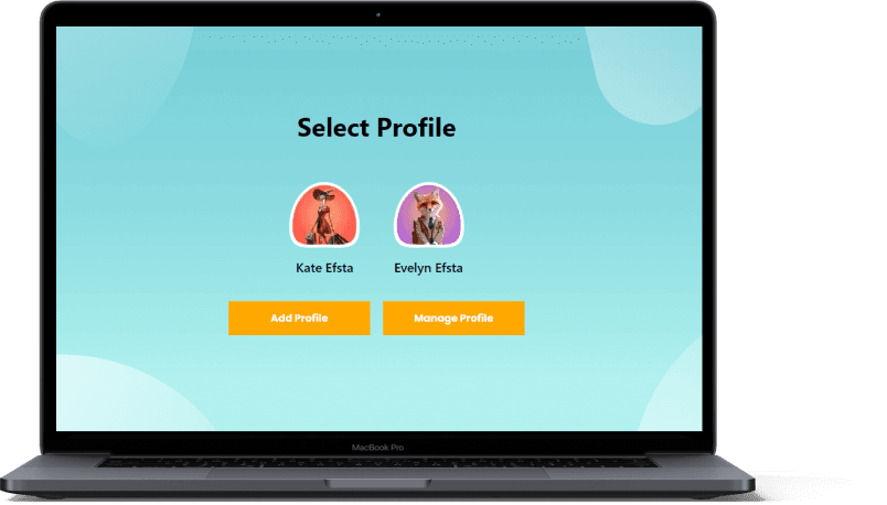 Laptop displaying a profile selection screen with options for Kate Efsta and Evelyn Efsta, with buttons to add or manage profiles.