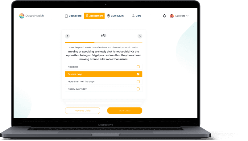 Laptop displaying Dawn Health's assessment page with a question about a child's movement and restlessness, with multiple-choice response options.