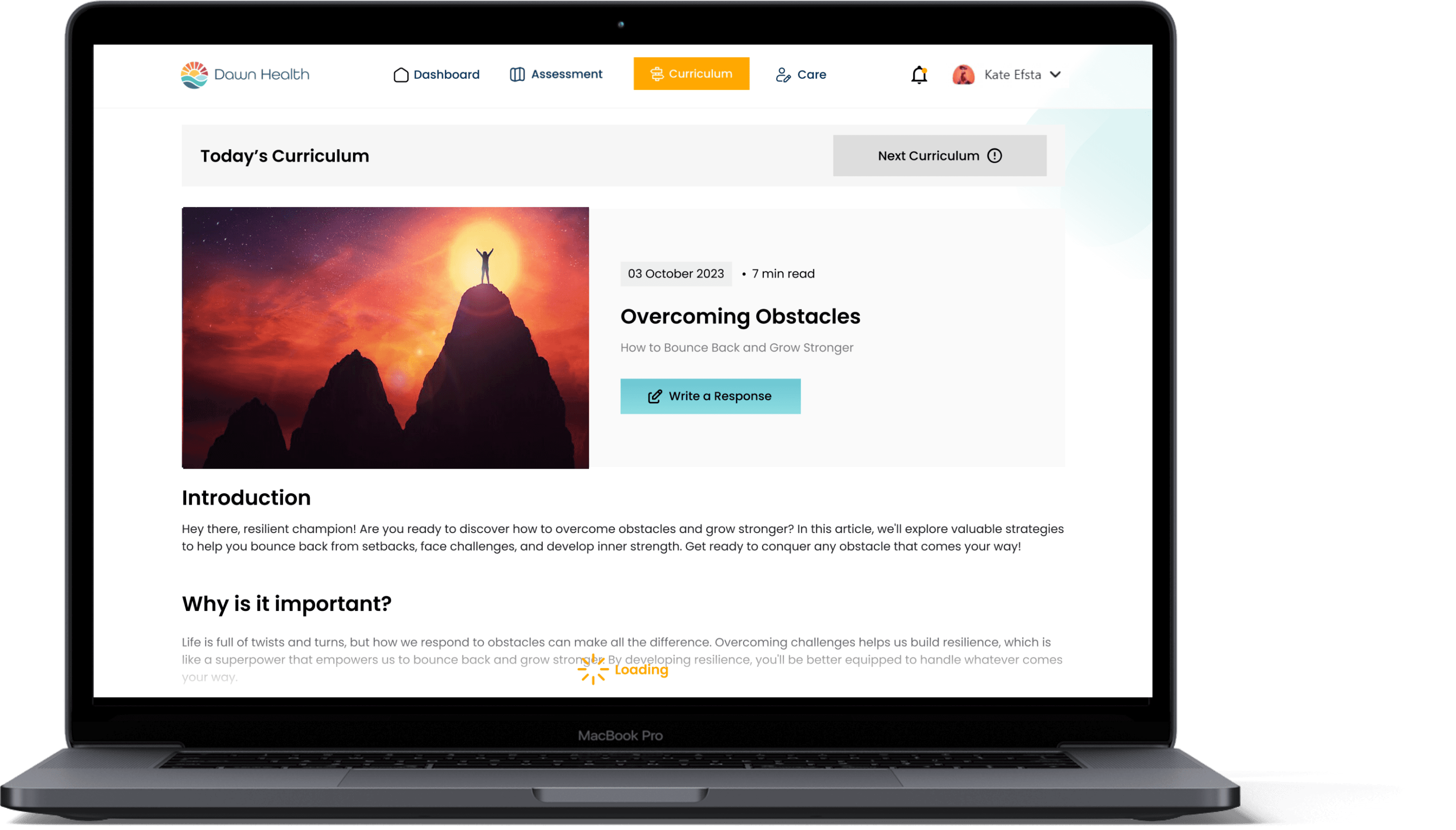 Laptop displaying Dawn Health's curriculum page titled 'Overcoming Obstacles' with an introduction and importance of the topic.