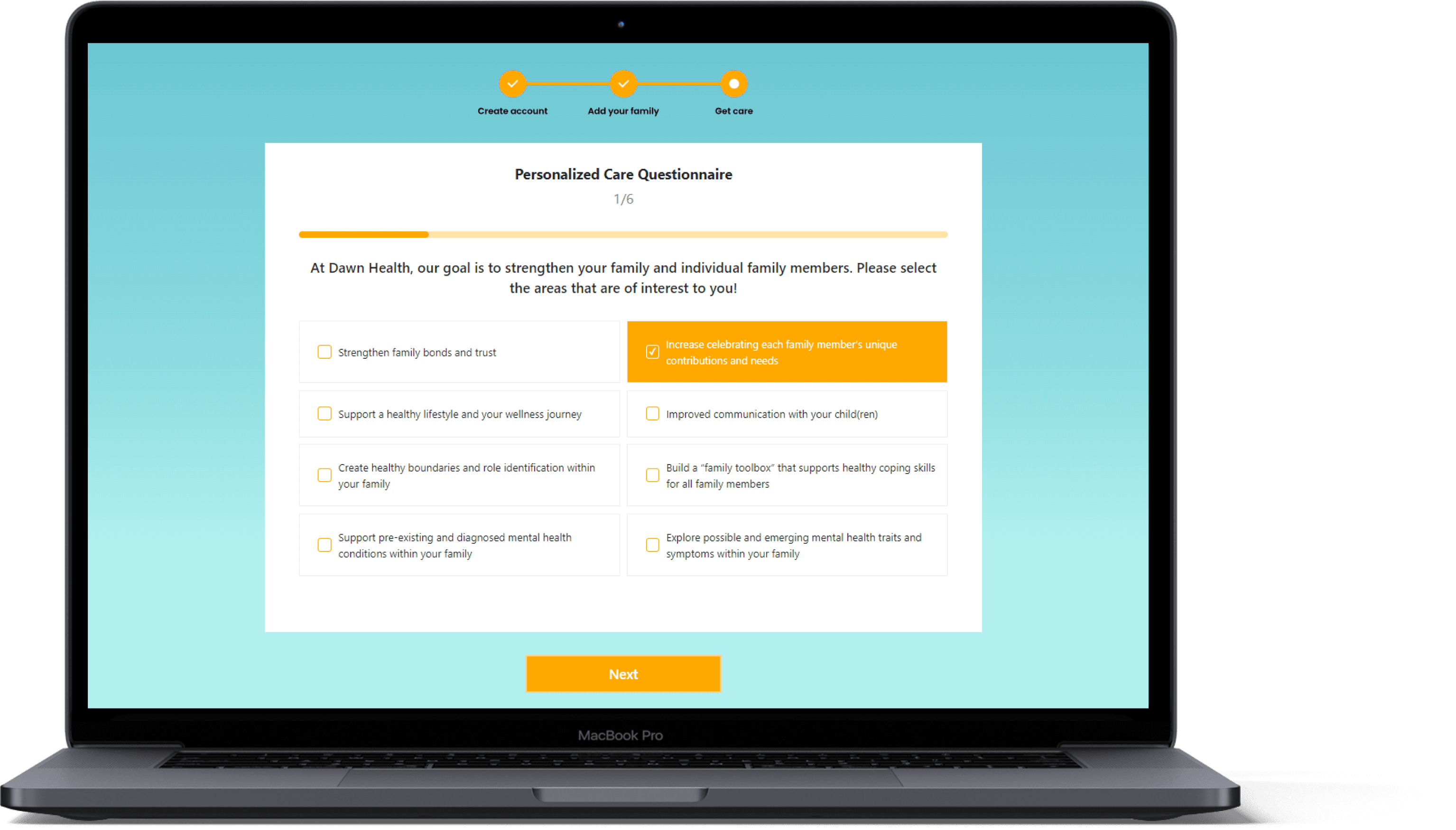 Laptop displaying Dawn Health's Personalized Care Questionnaire with options for strengthening family bonds, supporting a healthy lifestyle, and improving communication.