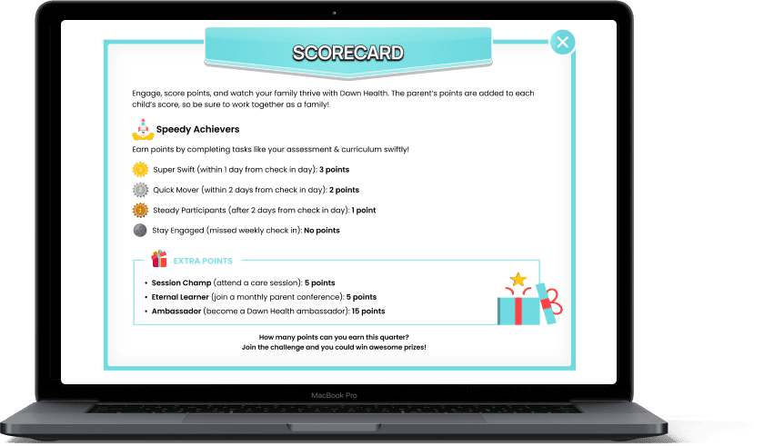 Laptop displaying Dawn Health's scorecard page, detailing points for Speedy Achievers and extra points for session attendance, parent conferences, and ambassador roles.