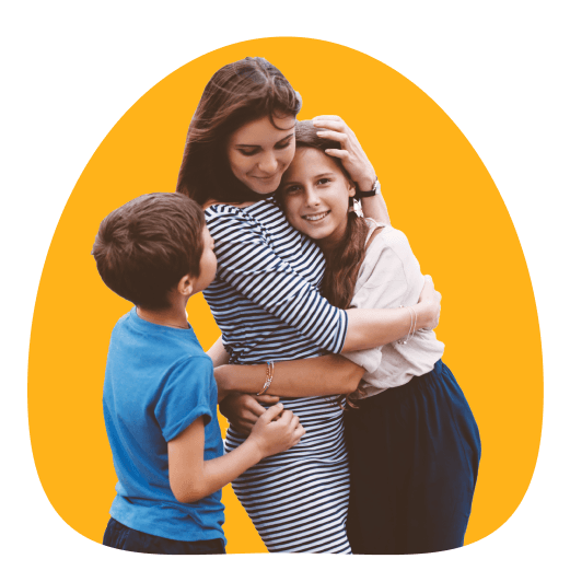 Mother hugging her two children, a son and daughter, with a warm, affectionate embrace on a yellow background.