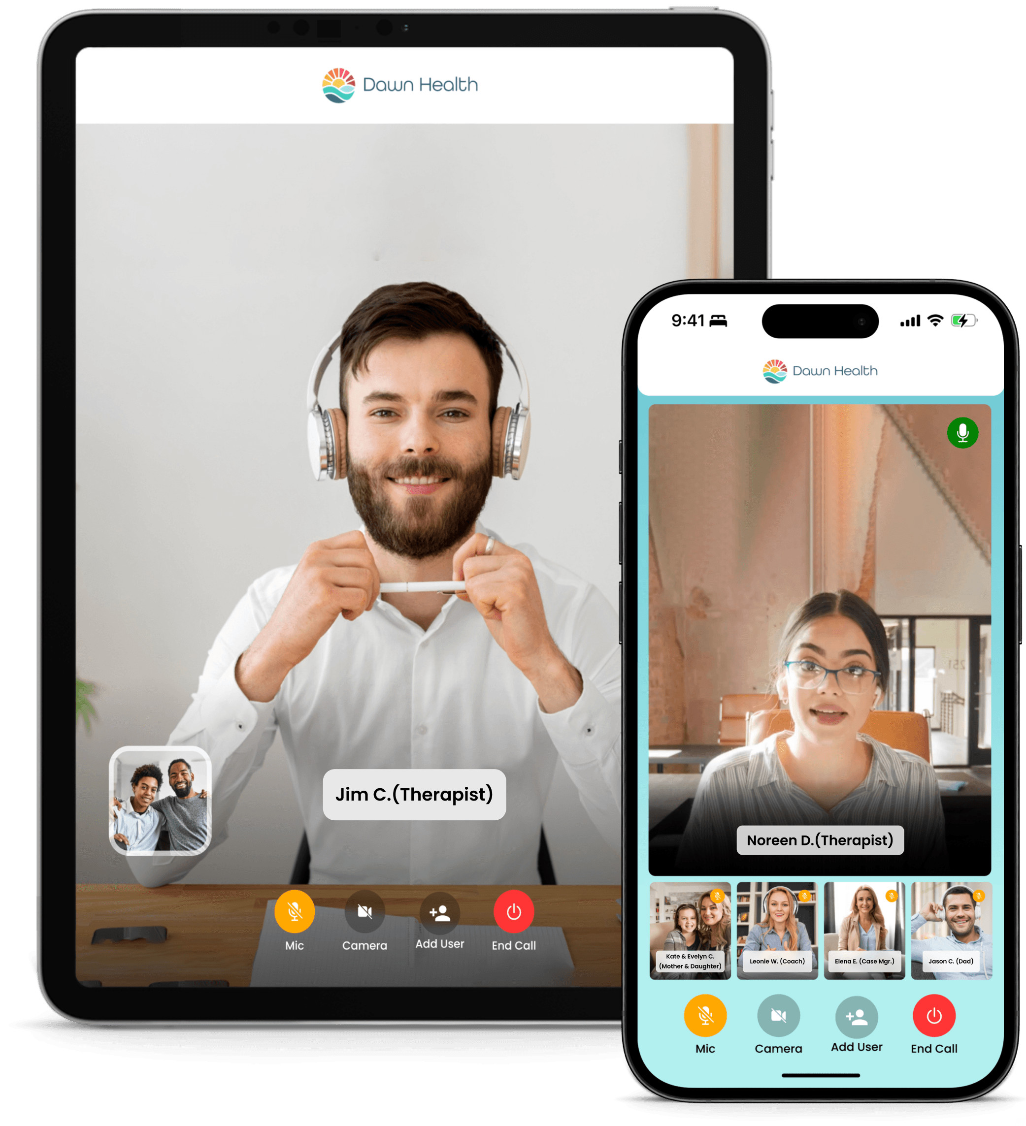Tablet and smartphone displaying Dawn Health's telehealth app with Jim C. (Therapist) and Noreen D.(Therapist) during video calls.